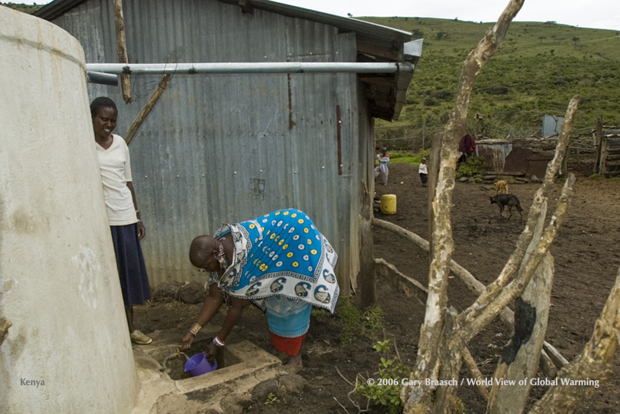 Maasai farms near Nairobi, Kenya, have concrete rainwater tanks in aid program, women save 4-8 km walk to springs. See Water.