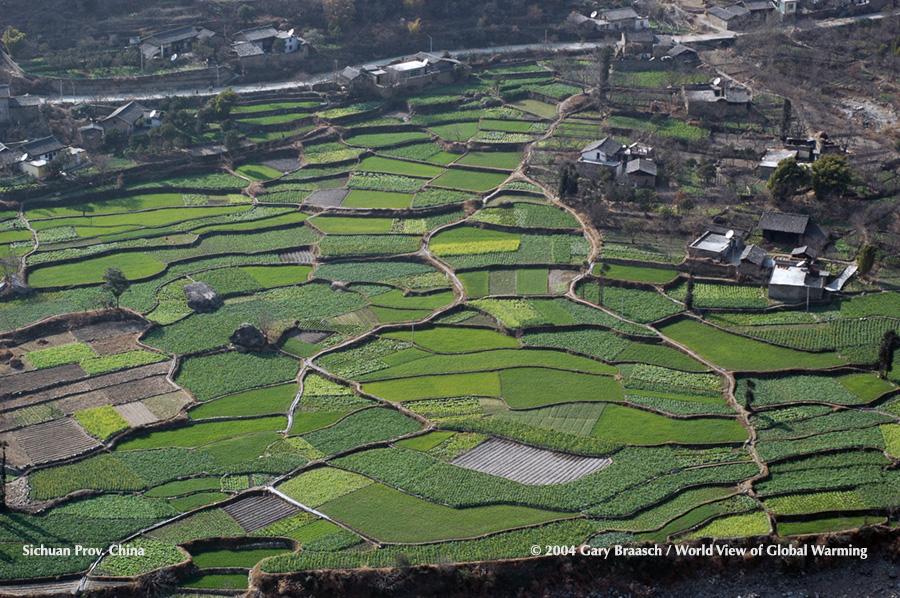 Luding Valley, Sichuan, China, example of intense terraced rice and vegetable farming for centuries in Asia.