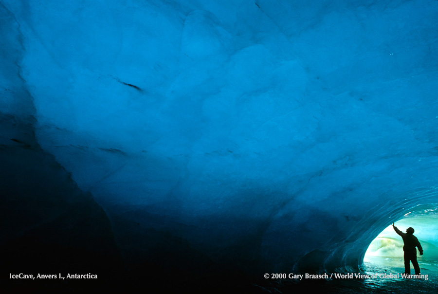 Ice cave in remnant of Marr Ice Piedmont as it melts back from shore of Anvers Island, Antarctica. Photo 2000; ice gone by 2005.