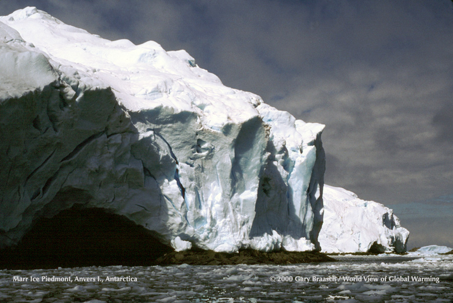 Ablating edge of Marr Glacier, Anvers Is Antarctica, exposing edge of rocky land. Hundreds of measured glaciers on Antarctic Peninsula are thinning and moving faster.