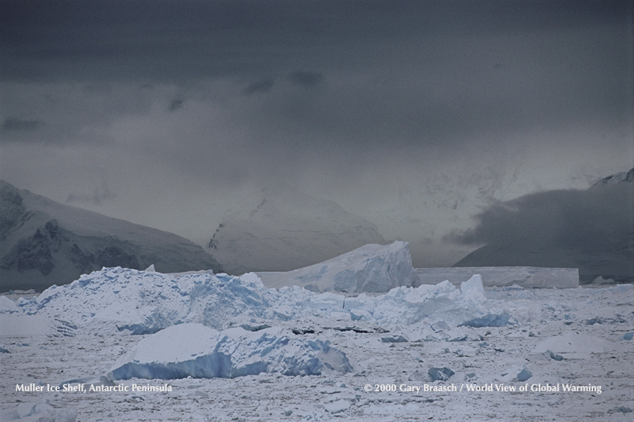 Disintegration of the Muller Ice Shelf in 1999, one of many floating ice plateaus that is breaking up, allowing landed glaciers to move faster into the sea.