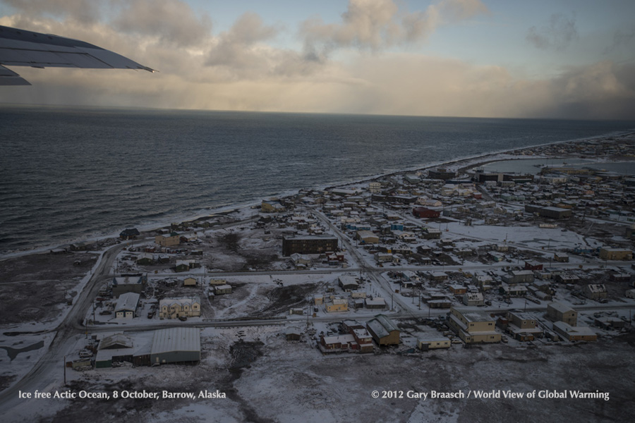 Barrow, Alaska, and ice free Arctic Ocean, early Oct 2012, when sea ice reached record low.