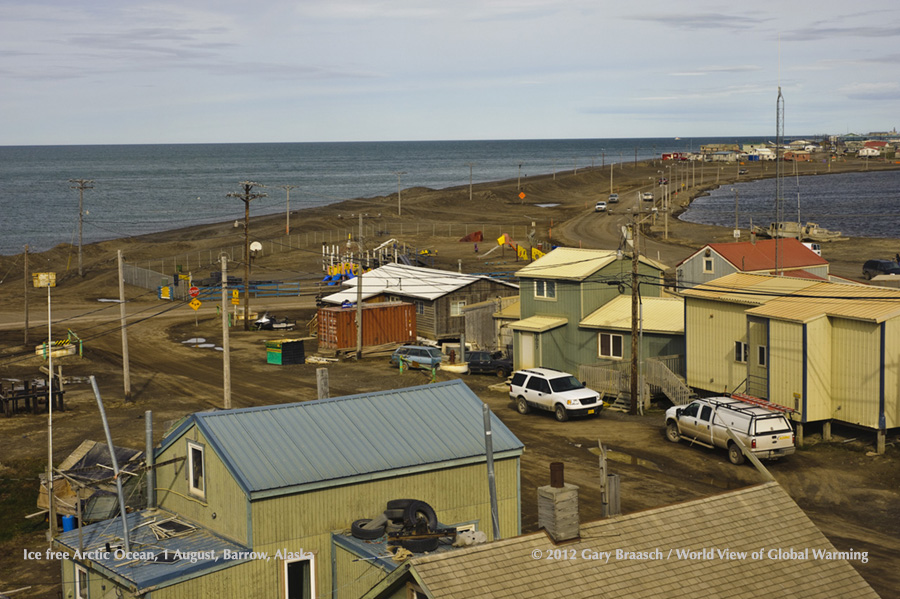 Barrow, Alaska, and ice free Arctic Ocean, early Aug 2012, when sea ice reached record low