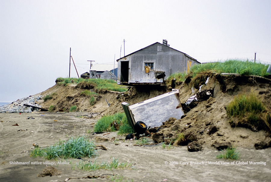 Native village Shishmaref, Alaska, on narrow spit along Bering Sea Coast, Alaska, subject to increasing erosion from reduced ice, permafrost thaw. 