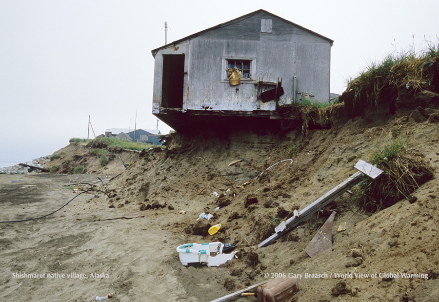 Native village Shishmaref, Alaska, on narrow spit along Bering Sea Coast, Alaska, subject to increasing erosion from reduced ice, permafrost thaw. 