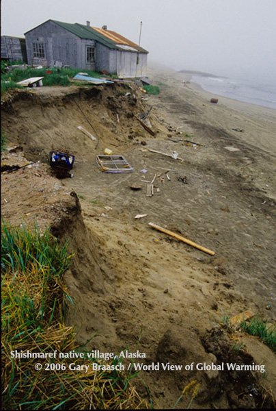 Native village Shishmaref, Alaska, on narrow spit along Bering Sea Coast, Alaska, subject to increasing erosion from reduced ice, permafrost thaw.