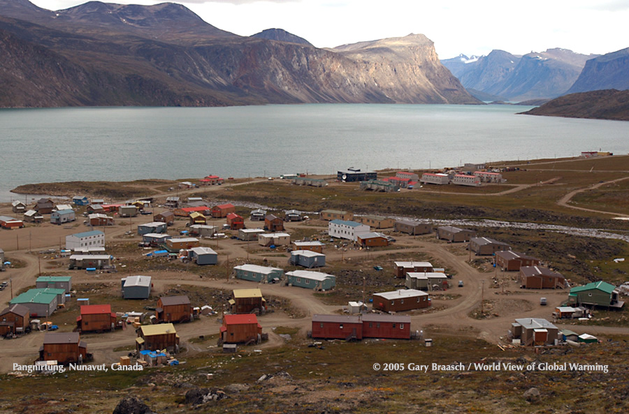 Pangnirtung, Nunavut, Canada, and its Baffin Island landscape is increasingly ice free and with thawing permafrost.