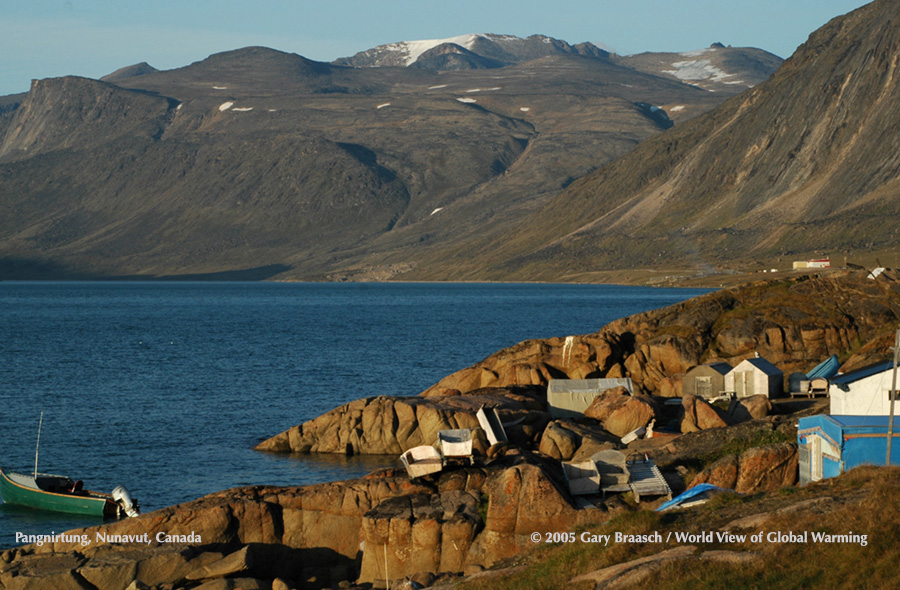 View along fjord shore of Pangnirtung, Nunavut, Canada where warming climate has left little ice on Baffin Is. mountains and increased landslides.