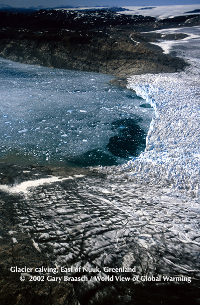 Receding glacier in the southern nart of Greenland and its fjord, Near Nuuk, Greenland. Low aerial from NASA aircraft.