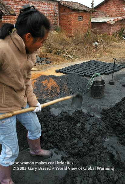 Making coal briquettes from coal dust, a farmyard chore, Guangdong China