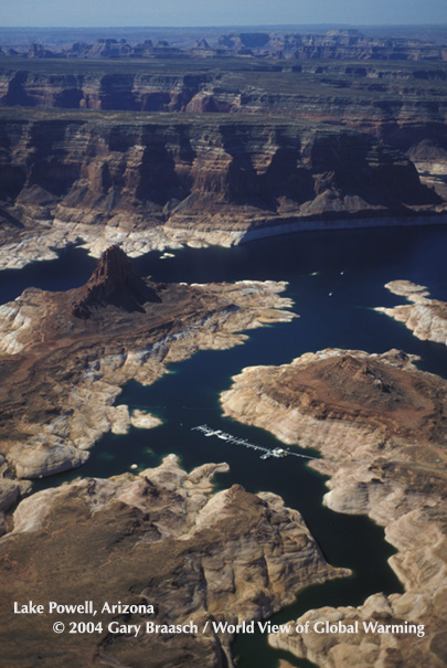 Lake Powell Reservoir during recent recurring ow period ( 2004, at 38% full). Dangling Rope Marina surrounded by &quot;bathtub ring&quot; of low reservoir. Colorado River, Utah and Arizona. 