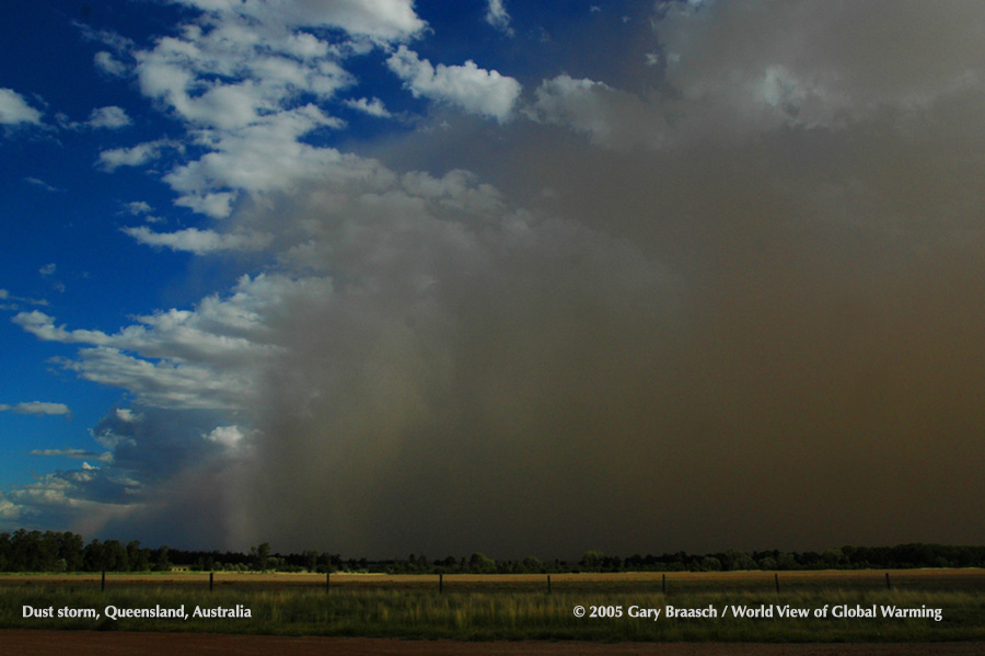 Dust storm blows across Queensland, Australia, Feb 2, 2005. Storm was strongest in decades in the summer, flooded Melbourne, in a preview of recent climate-disrupted weather.