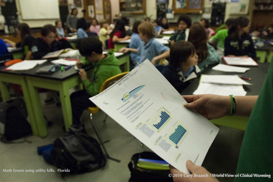 Students learning about math AND energy by adding and dividing utility bills, Coral Gables, Florida