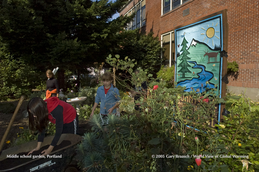 Students at Sunnyside Middle School, Portland Or, add gardens around the previously all-grass and concrete grounds.
