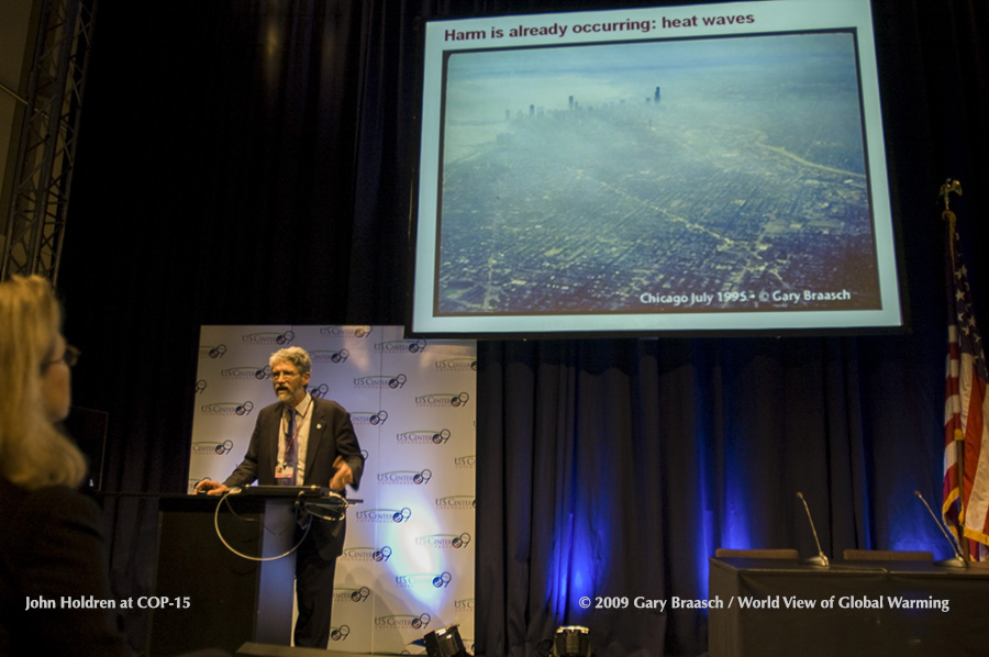 US Presidential science advisor DR. John Holdren speaks at Copenhagen COP-15 (Braasch photo on screen).