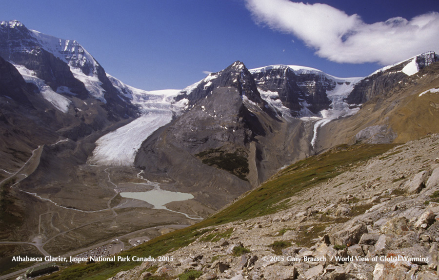 Athabasca Glacier, Jasper National Park, Alberta, Canada, 2004, in retreat from 1917 terminus near today's highway. 