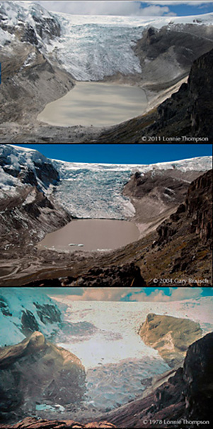 Qori Kalis glacier below Quelccaya Ice Cap, Peru. 1978 and 2011 images by glaciologist Lonnie Thompson.