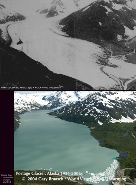 Portage glacier near Anchorage Alaska seen in 1914 USGS photo and in 2004. Glacier no longer visible from visitor center.