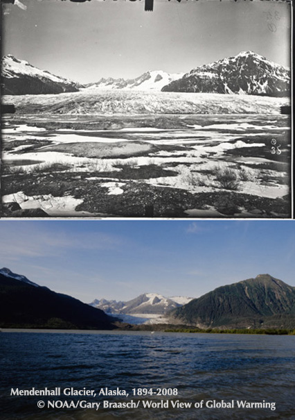 Mendenhall Glacier, tourist attraction near Juneau, Alaska, in 1894 and 2008.