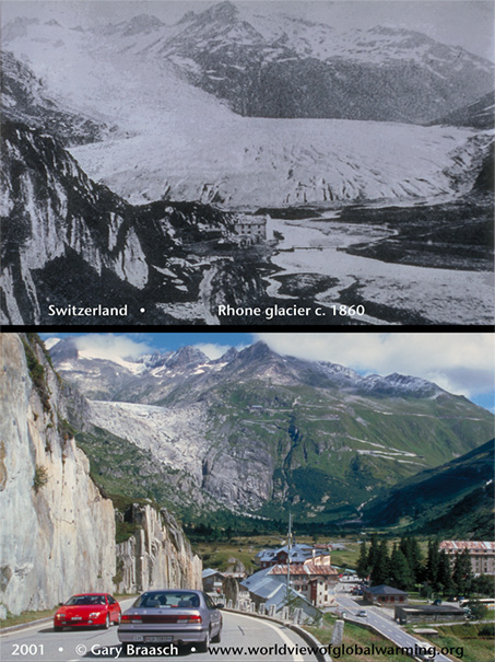 Rhone Glacier, Switzerland, used to fill the valley, now barely visible high above. Etching from photo, 1859; 2001.