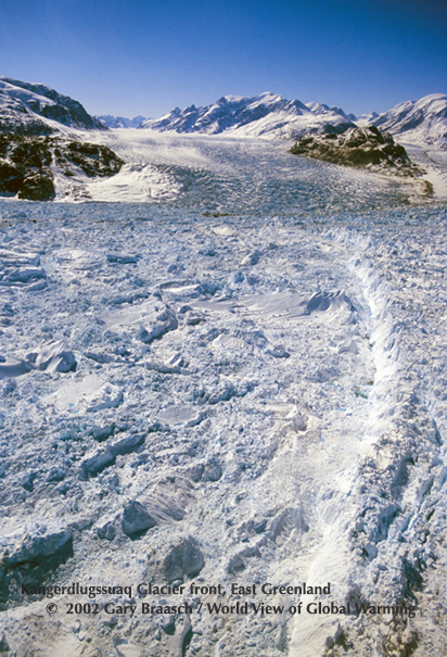 Kangerdlugssuaq Glacier front rapidly flowing and thinning outlet glacier from Greenland icecap. From NASA P-3 aircraft, 1000 ft. See Arctic, Alaska.