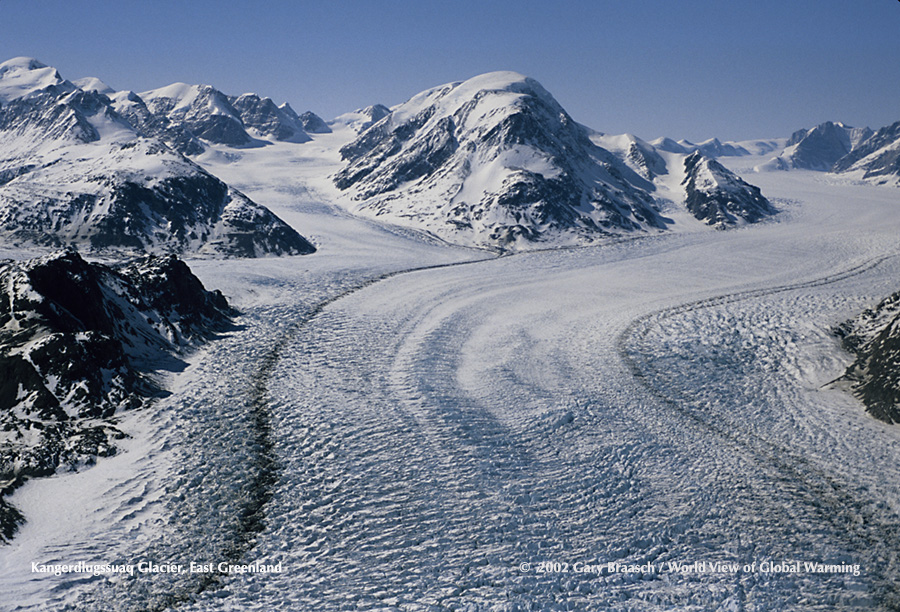 Greenland overflight by NASA Orion P-3 measuring glaciers: Side streams of Kangerdlugssuaq Glacier one of fastest moving. 