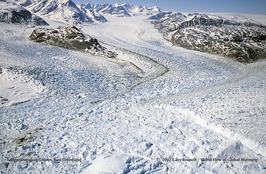 Kangerdlugssuaq Glacier front rapidly flowing and thinning outlet glacier from Greenland icecap. From NASA P-3 aircraft, 1000 ft. See Arctic, Alaska.