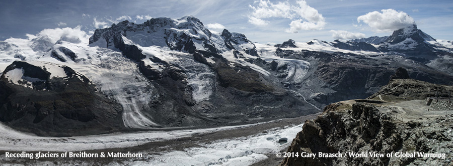 View of Breithorn (4165 m, center) and Matterhorn (4478 m, right)  from Gornergrat near Zermat, Switzerland, showing receding glaciers feeding into the Gornergletscher below, August 2014.