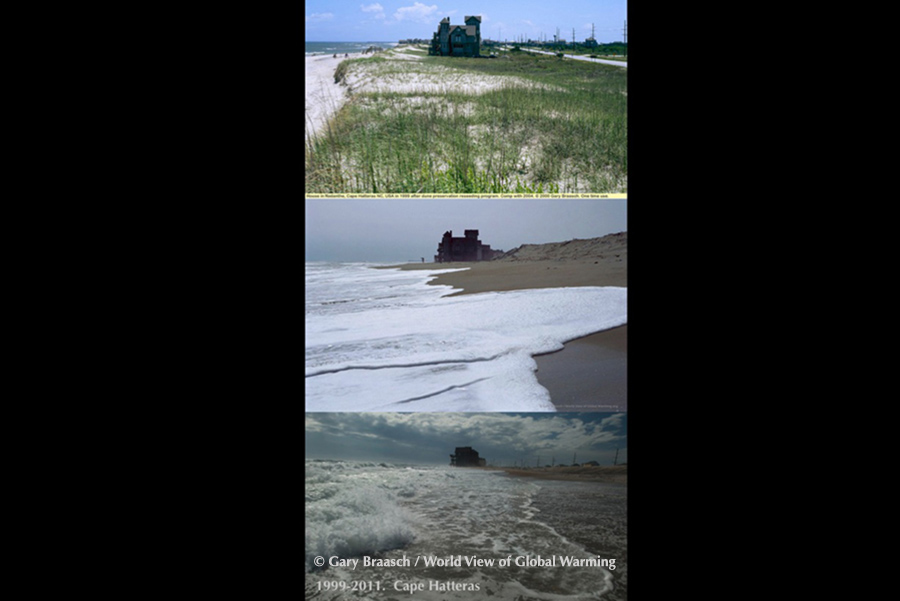 Sequence of beach erosion endangering large house,  Rodanthe, Hatteras Island, NC. House was moved; others destroyed.