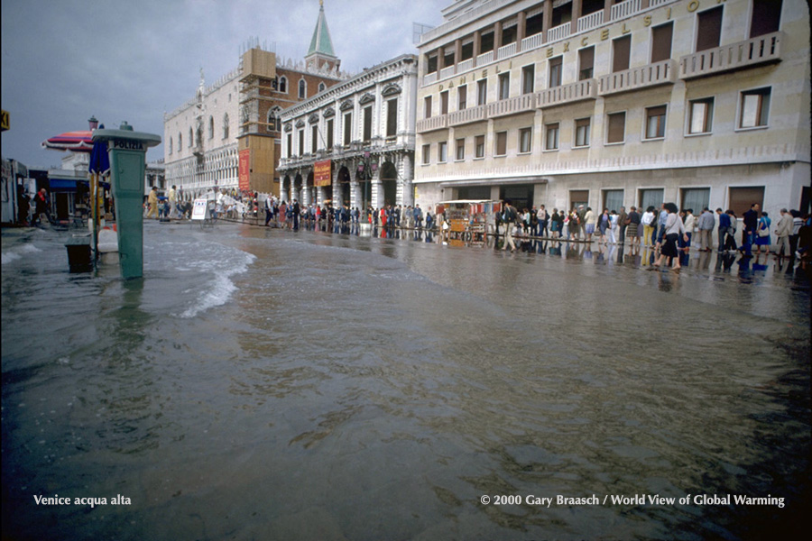 Acqua alta, high tide flooding, on Piazza San Marco, Venice, a recurring issue and spur to making lagoon tide barrier.