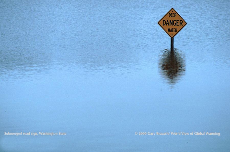 High water sign, during flood in Washington State