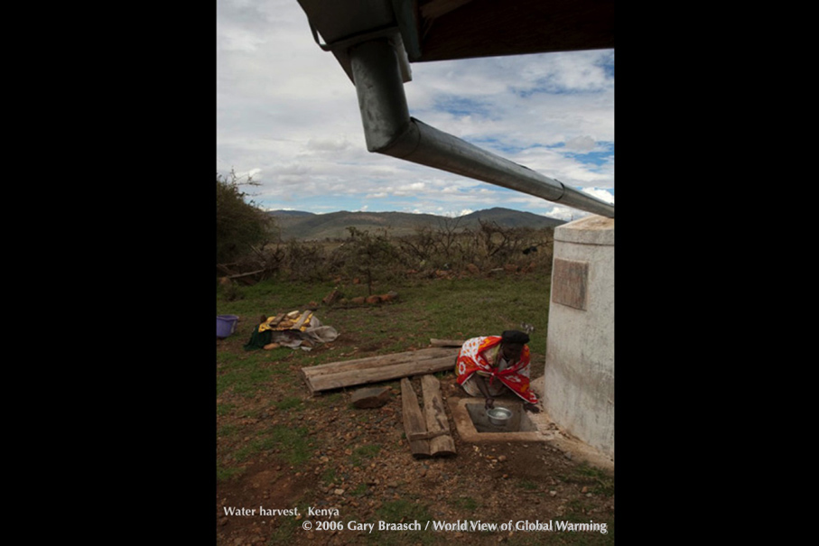 Aid funds provided roofing, pipes and concrete tank for village water harvesting near Nairobi Kenya, an adaptation, solution to drought. 