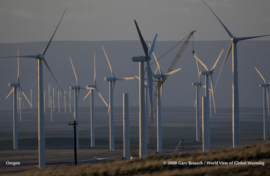 Hundreds of large wind turbines now turn in Eastern Oregon and Southern Washington, taking advantage of the incessant winds near the Columbia River. Wasco County Oregon.
