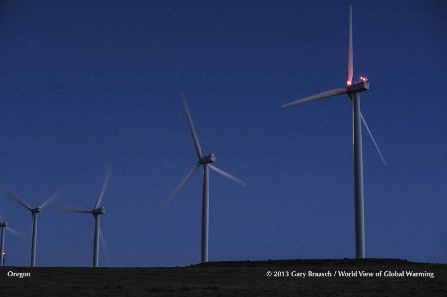 Dusk shot of a few turbines in the Shepherds Flat wind farm, Oregon, one of the nation's largest. 