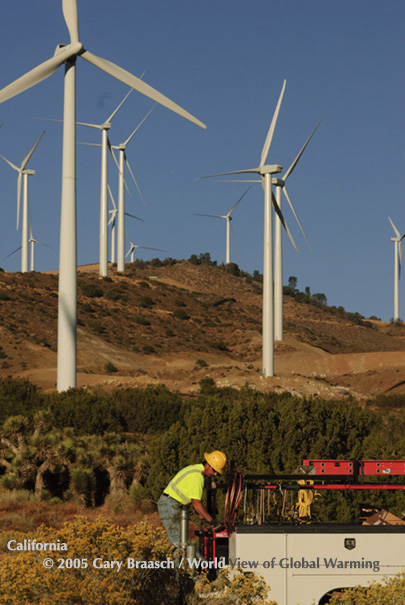 Electrical worker at Tehachapi Pass, California, indicating the employment created by renewable energy projects.