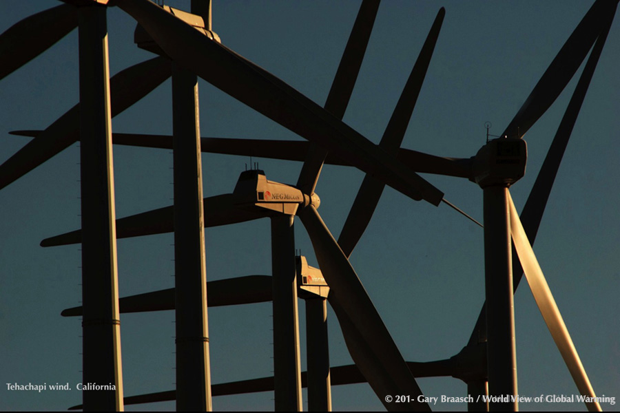 Detail of array of wind turbines at Tehachapi, California.